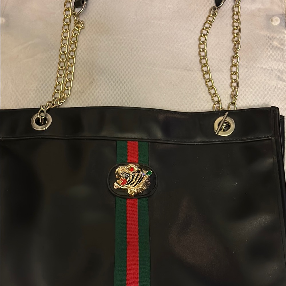 Gucci Gold and Black Tote Bag with Chain Strap and Decorative Emblem